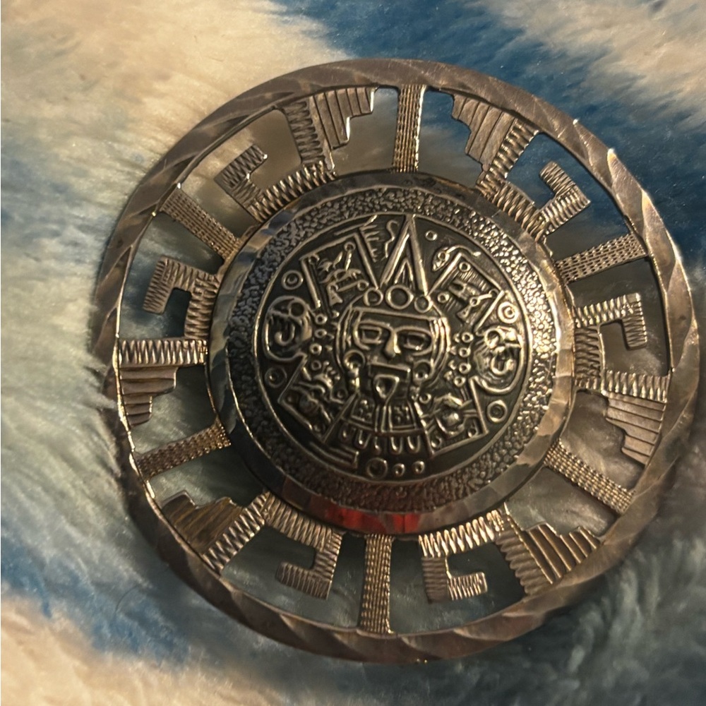 Sterling Silver large Aztec-calendar  Brooch /pendant